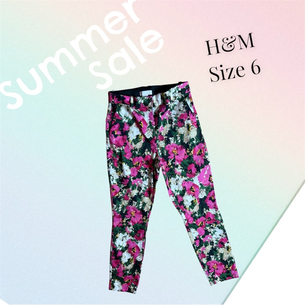 H&M Pink and Green Ankle Cropped Pants Vibrant Floral